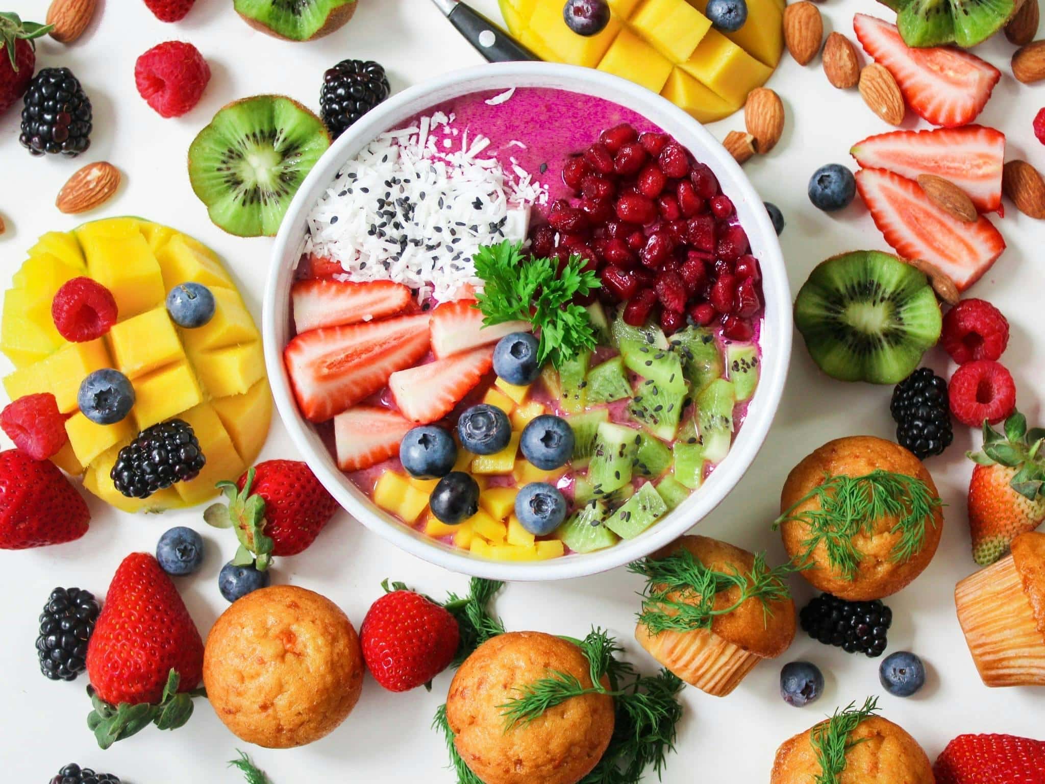 a bowl of fruit and muffins