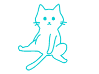 Einfache blaue strichzeichnung einer aufrecht sitzenden katze, die mit gespreizten hinterbeinen und auf dem boden ruhenden vorderpfoten nach vorne schaut und einen neutralen blick hat.