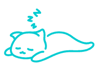 Eine einfache blaue strichzeichnung einer katze, die sich hinlegt und schläft, mit geschlossenen augen, den kopf auf die pfoten gestützt und mit z-symbolen über dem kopf, um den schlaf anzuzeigen.