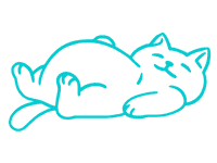 Einfache blaue strichzeichnung einer katze, die mit geschlossenen augen auf dem rücken liegt und entspannt und zufrieden aussieht.