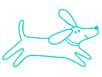 Eine einfache strichzeichnung eines hundes mit schlappohren und wedelndem schwanz, dargestellt in der mitte des laufs. Die zeichnung ist in blau auf weißem hintergrund ausgeführt.