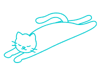Einfache blaue strichzeichnung einer katze, die mit ausgestreckten beinen, geschlossenen augen und nach oben gebogenem schwanz auf einem schlichten weißen hintergrund liegt.