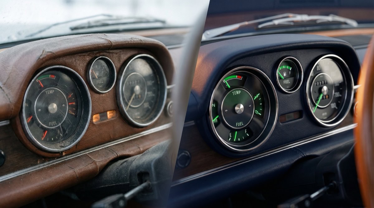 Geteiltes bild: links ein vernachlaessigtes oldtimer-dashboard, rechts dasselbe dashboard restauriert mit allen werten im gruenen bereich