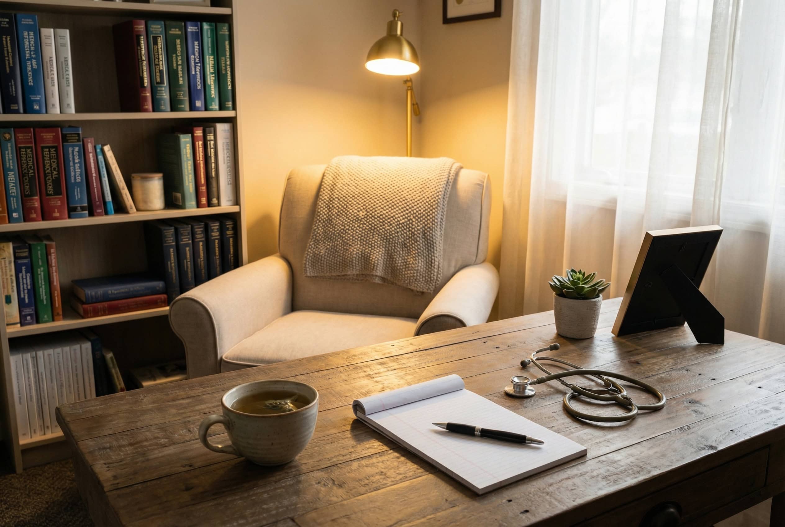 Arbeitszimmer mit bücherregal, schreibtisch, notizbuch, stift, kaffeetasse und pflanzen, ideal für p.