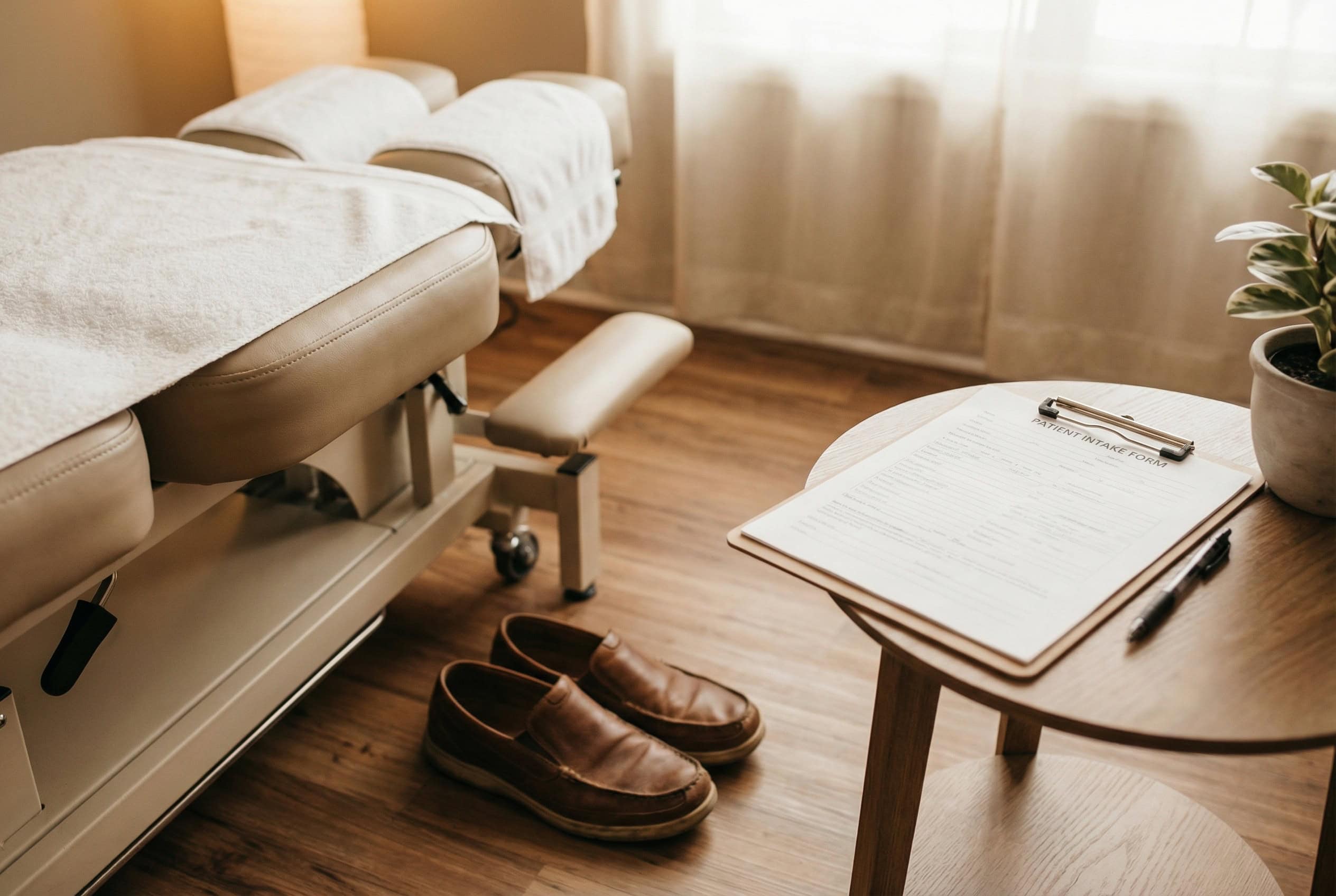 Anamnesebogen und behandlungsliege bereit fuer den ersten chiropraktik-termin