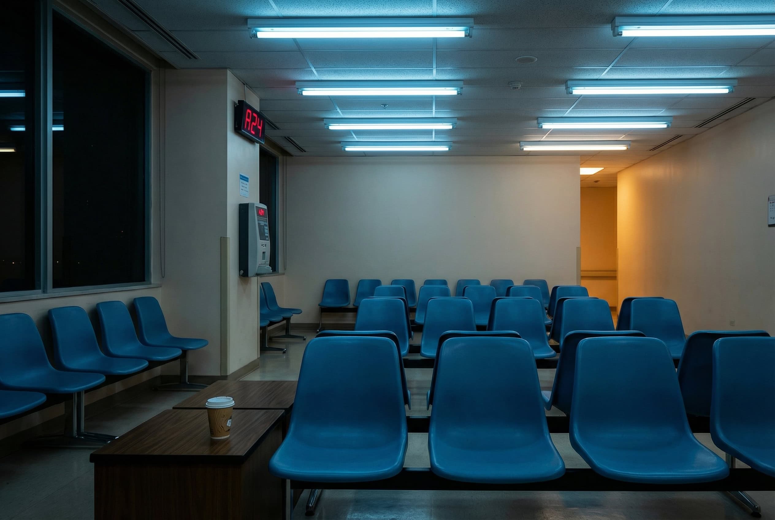 Wartezimmer mit blauen stühlen und digitaler anzeigetafel, ruhige atmosphäre, ideal für patienten vo.