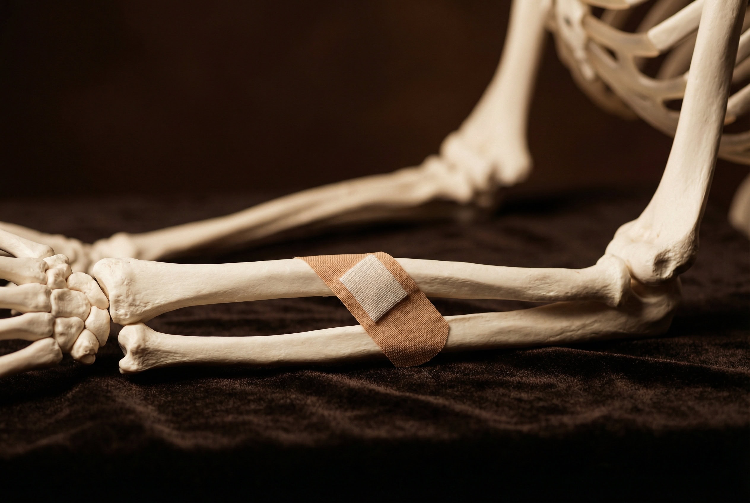 Ein pflaster auf dem knochen eines anatomischen skelettmodells — symbol für gut gemeinte aber unzureichende hilfe bei echten problemen