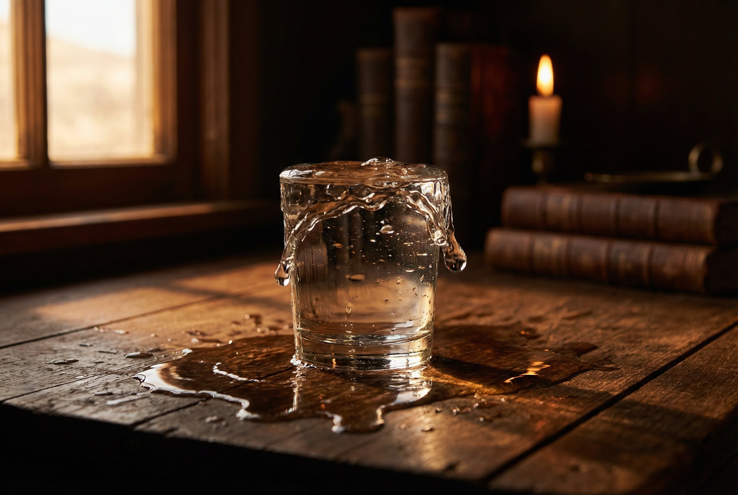 Glas wasser auf holz tisch mit kerze im hintergrund.